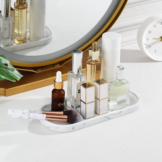 Luxspire Bathroom Vanity Tray, Oval Soap Dispenser Tray, 10" Marble Kitchen Counter Trays, Resin Bathroom Tray for Counter, Toilet Tank Tray, Trinket Tray for Perfume Jewelry, Small, Marble White