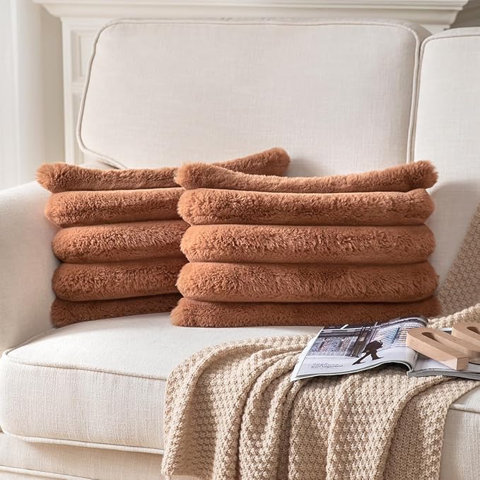 Faux Fur Plush Throw Pillow Covers 12x20 Inch Set of 2 - Luxury Decorative Fuzzy Striped Soft Cozy Pillowcase for Couch, Sofa, Living Room - Brown
