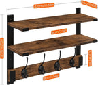 Homode Two-Tier Wall Shelf with Hooks, 17 Inch Coat Rack Wall Mount with Shelf, Wood Coat Hanger Entryway Hanging Storage Shelves with 4 Double Hooks for Bathroom Bedroom Living Room, Rustic Brown
