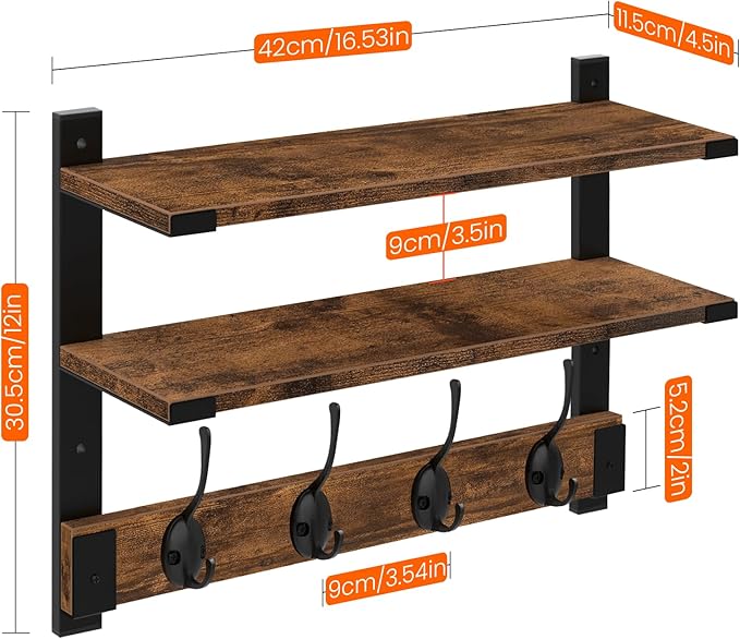 Homode Two-Tier Wall Shelf with Hooks, 17 Inch Coat Rack Wall Mount with Shelf, Wood Coat Hanger Entryway Hanging Storage Shelves with 4 Double Hooks for Bathroom Bedroom Living Room, Rustic Brown