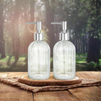 Glass Soap Dispenser with Plastic Pump, Hand Soap Dispenser for Hand Wash, Lotion Dispenser for Dishwashing Liquid, Lotion Shower Gel (Striped Transparent)
