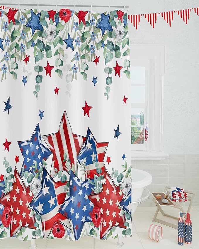 4th of July Shower Curtain, Patriotic Stars Stripes Shower Curtains Set with Hooks, Eucalyptus Leaves Independence Day Waterproof Fabric Bathroom Curtains Decor Accessories,72X 96 Inch Extra Long
