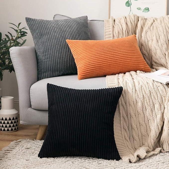MIULEE Winter 24x24 Pillow Covers Set of 2 Soft Striped Corduroy Euro Pillow Shams for Couch Living Room Sofa Car 24 x 24 Inch Black
