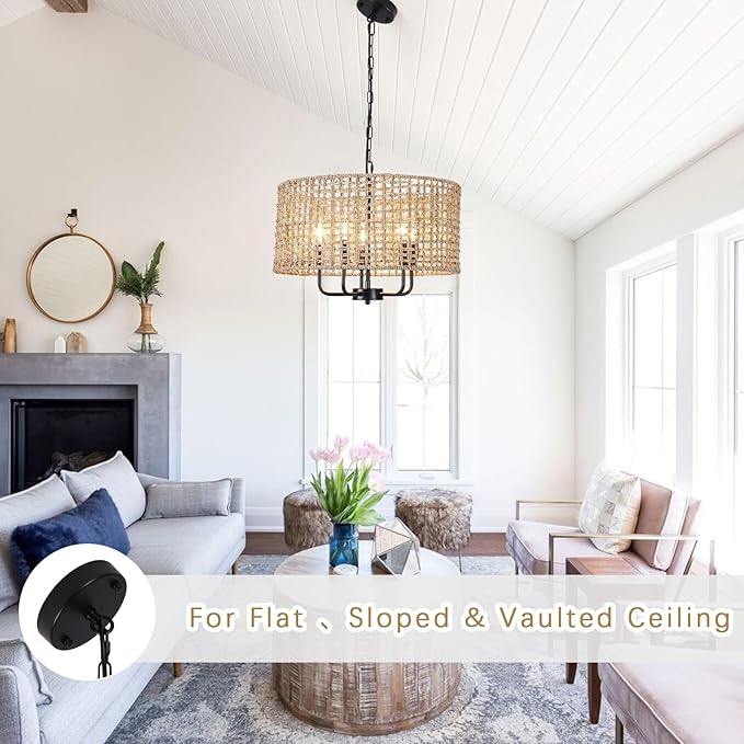 18.9" Hand-Woven Rattan Chandelier 5 Lights Farmhouse Boho Chandeliers for Dining Room Light Fixture Drum Wicker Hanging Pendant Lighting for Living Room Kitchen Island Foyer Hallway, E12