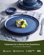 Famiware Star Dinnerware Set with Pasta Bowls, Service for 4 (16pcs), Ribbed Stoneware Plates and Bowls Dishes Sets - Chip & Scratch Resistant, Microwave & Dishwasher Safe, Nebulas Blue