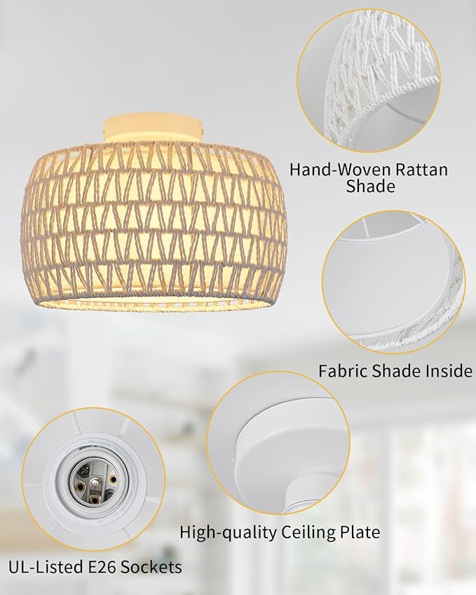 WILON White Rattan Semi Flush Mount Ceiling Light Fixture, 1-Light Boho Light Fixtures with Fabric Shade, Modern Hand-Woven Drum Ceiling Lamp for Hallway Entryway Living Room Bedroom Hall Nursery