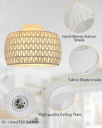 WILON White Rattan Semi Flush Mount Ceiling Light Fixture, 1-Light Boho Light Fixtures with Fabric Shade, Modern Hand-Woven Drum Ceiling Lamp for Hallway Entryway Living Room Bedroom Hall Nursery