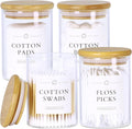 4 Pack Qtip Holder Dispenser - Glass Apothecary Jars with Lids, Cotton Ball Pad Swab Round Holder, Bamboo Bathroom Accessories, Bathroom Organizers Containers Jars Canisters with Lids