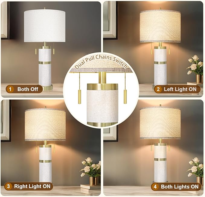 25" Linen Fabric Table Lamps Set Of 2,Lamps for Living Room With Linen Shade,S Cluster Pull Chains Dual Switch Nightstand Lamps With USB A+C Ports,Modern Lamp for Living Room,Bedroom,(Bulb Included)