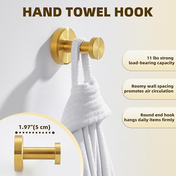 APLusee Brushed Gold Towel Hook for Bathroom, 304 Stainless Steel Round Towel Hanger, Heavy Duty Wall Hook for Kitchen Garage Wall Mounted