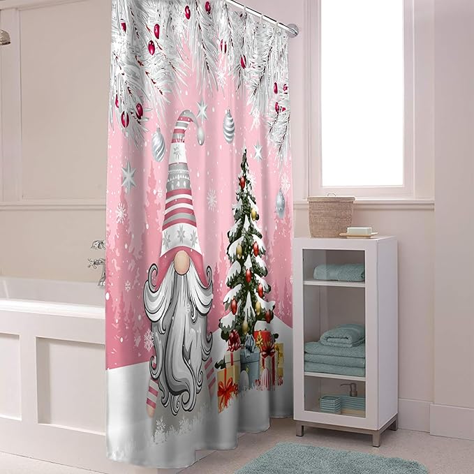 Vandarllin Christmas Gnome Shower Curtain, Winter Merry Christmas Tree Balls Shower Curtains Set with Hooks, Pink Waterproof Fabric Bathroom Curtains Decor Home Accessories,72 X 72 Inch Long
