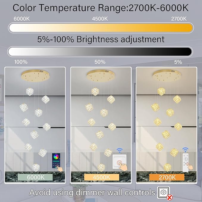10-Lights LED Staircase Chandelier Modern Foyer Crystal Chandeliers Large Gold Chandelier for High Ceilings,Crystal Pendant Light for Living Room Stairwell Dining Room Entryway