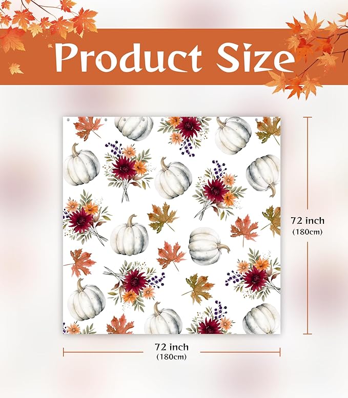 MAMUSE Fall Shower Curtain for Bathroom Stall Cute Decorative Waterproof Unique Design TeenWomen Cortinas de Baño Bathtub 72 x72 Inch, Pumpkins Flowers