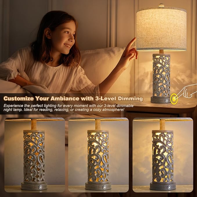 22" Farmhouse Table Lamp,Dual Light Touch Lamp with 3-Level Dimming,Lamps for Bedroom with USB A+C Charging Ports,Lamps for Living Room