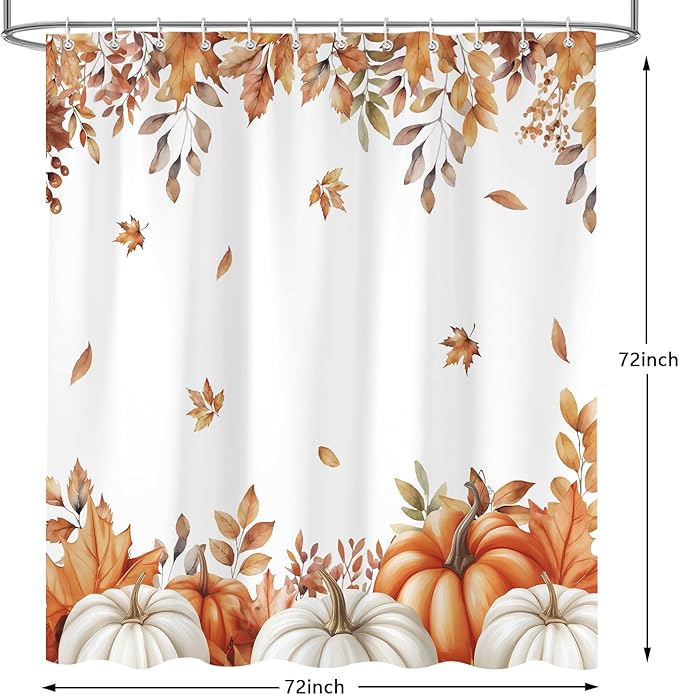 Fall Pumpkins Shower Curtain, Autumn Maple Leaf Leaves Harvest Thanksgiving Farmhouse Bathr Curtains Set,Waterproof Fabric Bathroom Curtains Decor 72 X 72 Inch