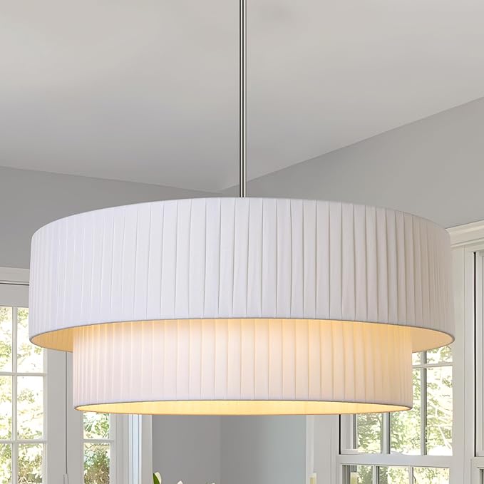 LamQee Large Farmhouse Drum Chandelier, 2-Layer 23.6inch Ceiling Light Fixture Nickel with Fabric Shade Modern Pendant Hanging Light for Dining Room Living Room Bedroom Kitchen Island