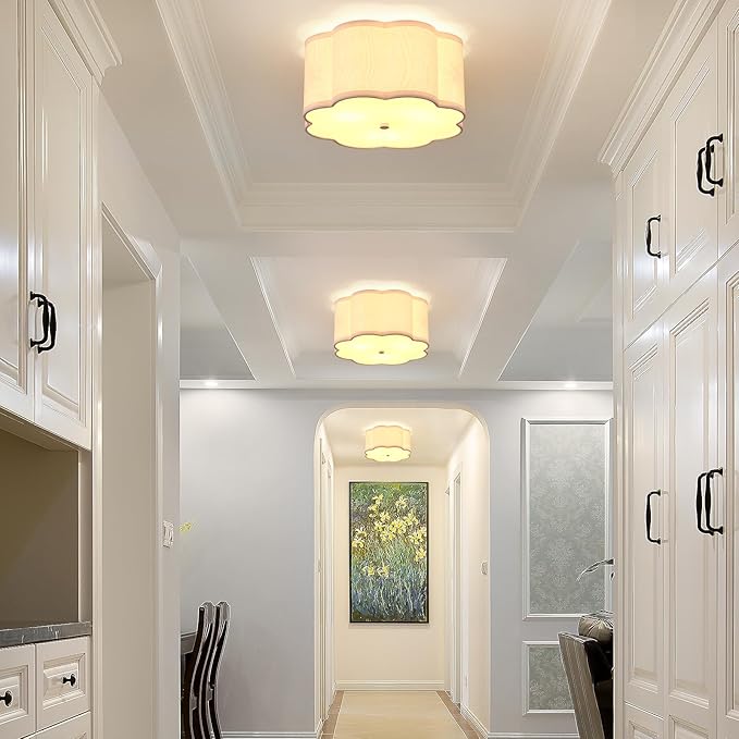 Modern Drum Semi Flush Mount Ceiling Light Fixture Modern 12.99” White 3-Lights Drum Ceiling Lighting Vintage Linen Ceiling Lamp for Kitchen, Basement, Dining Room, Bedroom, Laundry Room