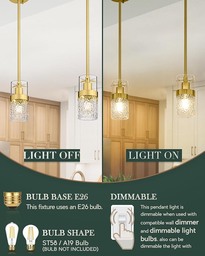LMS Gold Pendant Light, 1-Light Pendant Lighting for Kitchen Island with Hammered Glass, LMS-171