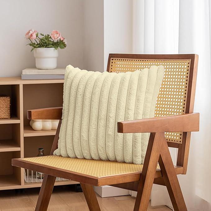 Double-Sided Faux Fur Plush Throw Pillow Covers 16x16 Set of 2 Fuzzy Striped Soft Cozy Pillowcase Luxury Decorative Pillows Square Shaggy Cushion Covers for Couch Sofa Bed,Beige