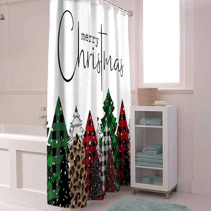 Merry Christmas Shower Curtain, Buffalo Plaid Xmas Tree Winter Forest Farmhouse Shower Curtains Set with Hooks, Red Green Waterproof Fabric Bathroom Curtains Decor Home Accessories,Stall 48 X 72 Inch
