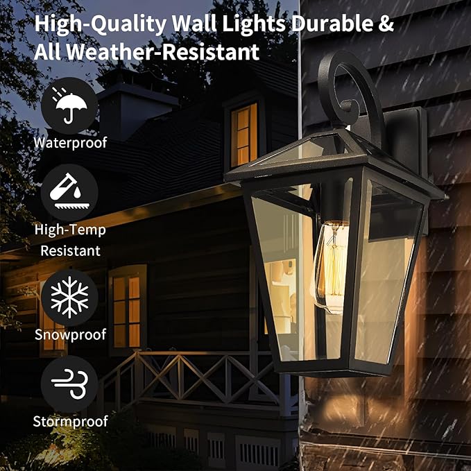 Outdoor Wall Light Fixtures, Waterproof Exterior Wall Lanterns with Glass, Outside Wall Sconces, Front Porch Lights for House Garage Doorway Patio 7H1B-M-2PK BK