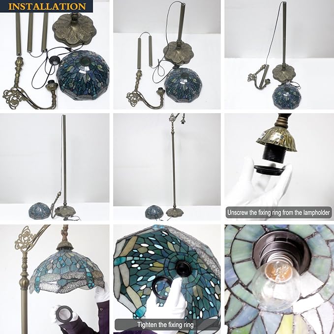 WERFACTORY Tiffany Floor Lamp Blue Lotus Flower Stained Glass Arched Lamp 12X18X64 Inch Gooseneck Adjustable Corner Standing Reading Light Decor Bedroom Living Room S220 Series