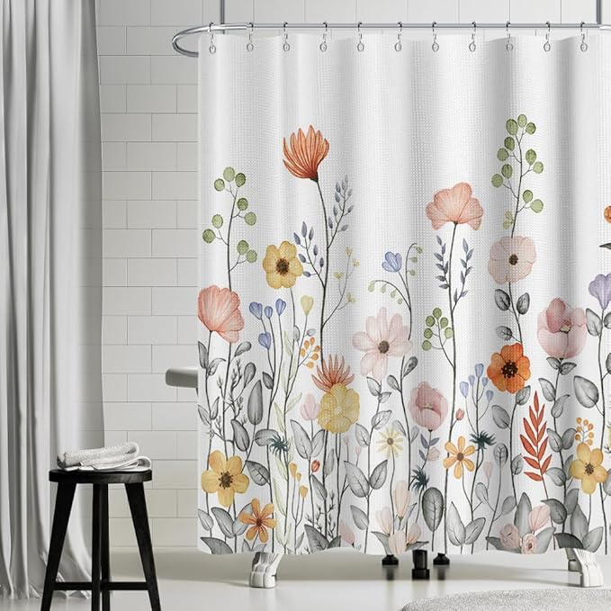 Flower Waffle Shower Curtain Leaves Fabric Bath Curtain, Floral Plants Long Shower Curtains for Bathroom Natural Curtain Waterproof with Hooks for Kids Bathroom Home Hotel Decor 72x72 inch