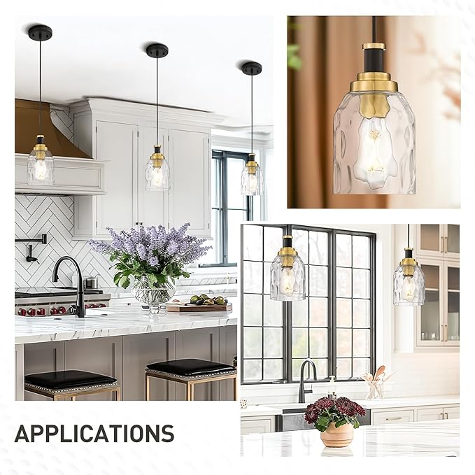 zeyu Glass Pendant Lights Kitchen Island, Kitchen Pendant Lighting Over Island with Water Ripple Glass, Modern Mini Hanging Light, Black and Gold Finish, ZG33M1L BK+BG-WG