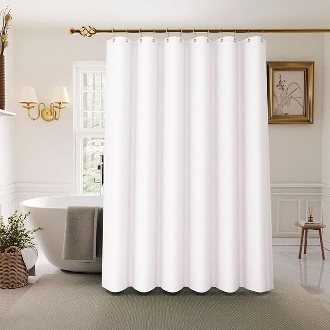 Inhousolu Boho Farmhouse Shower Curtain with Fabric Liner Set, Faux Linen Textured, 20 Metal Hooks Luxury Weighted Hem, Washable Wrinkle Free Bath Curtain for Hotel Bathroom 108" W x 72" L White