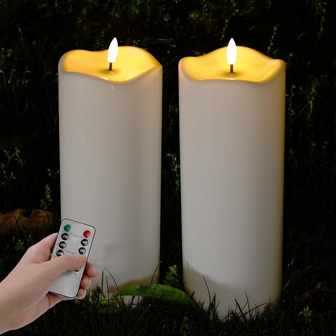 2pack 4"*10" Waterproof Outdoor Flameless Candles with Remote & Timer, Plastic Battery Operated LED Flickering Pillar Candles for Camping, Weddings, White