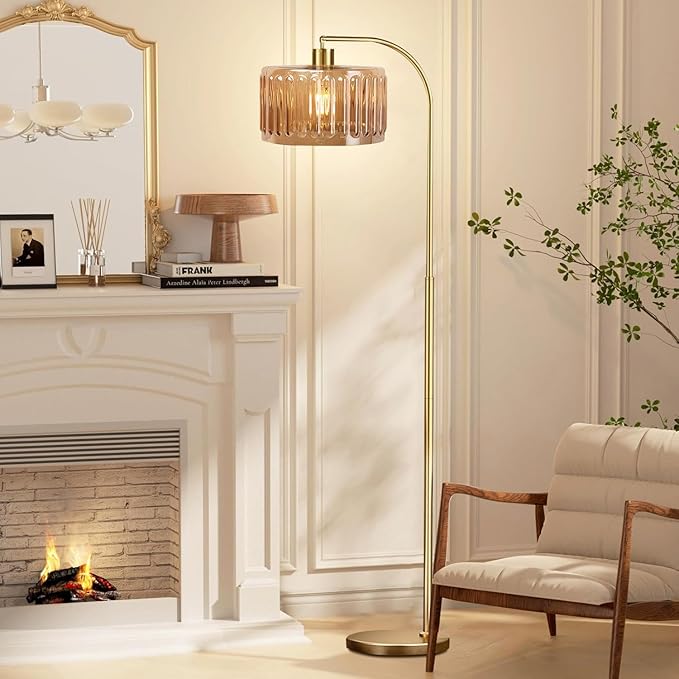 Gold Floor Lamp for Living Room,Bedroom,Mid Century Modern Standing Lamp with Remote,Dimmable Brass Tall Lamp Glass Lamp Vintage Retro Arc Floor Lamps Flower Floor Light Boho Bohemian