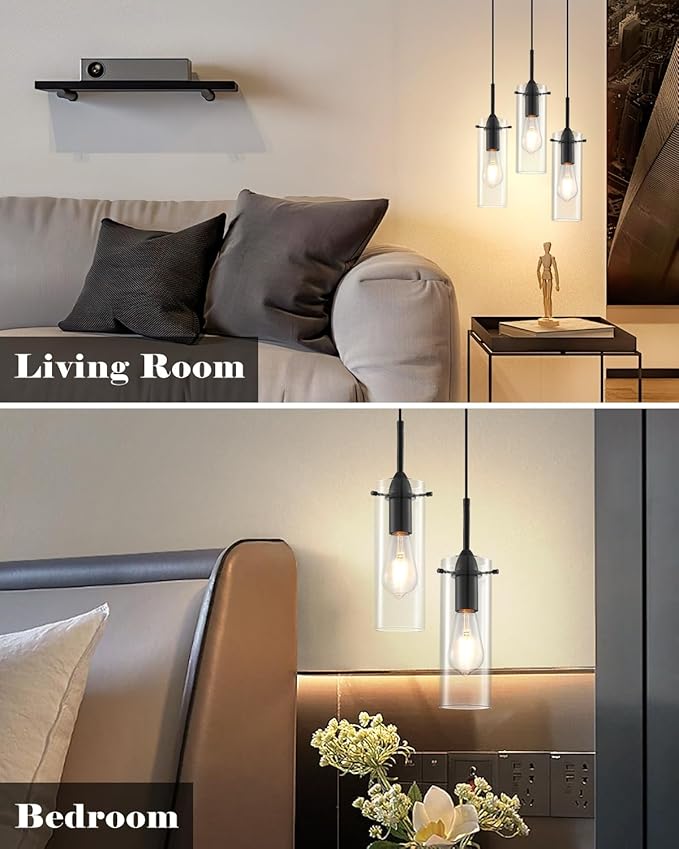 Glass Pendant Lights Kitchen Island 1 Packs, Black Pendant Light, Modern Clear Glass Pendant Light Fixture, Pendant Lights for Kitchen Island, Bedroom, Living Room, Bathroom