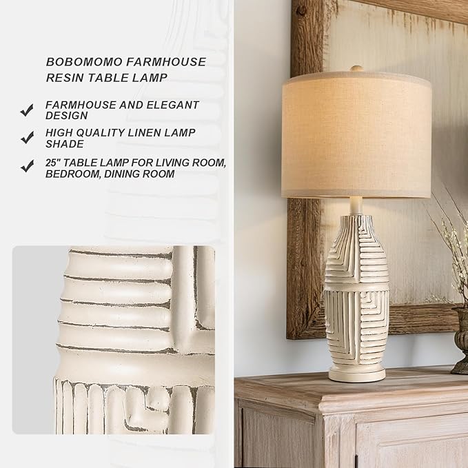 BOBOMOMO 25" Farmhouse Table Lamp Set of 2 Vintage Rustic Lamps for Living Room, Resin Bedside Nightstand Lamps with Linen Lampshades, Retro Lamp for Living Room, Bedroom, Dining Room, Home Decor