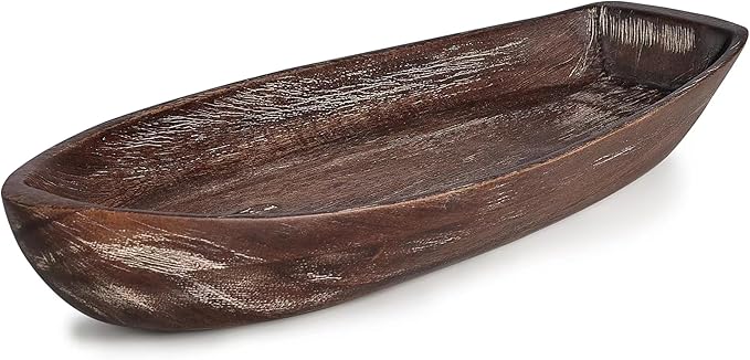 Rustic Wooden Serving Tray, Boat Shape Decorative Tray Vintage Centerpiece, Farmhouse Rustic Trays, Key Tray, Decorative Platter for Countertop Home Decorations- Distressed Brown。(Size M)