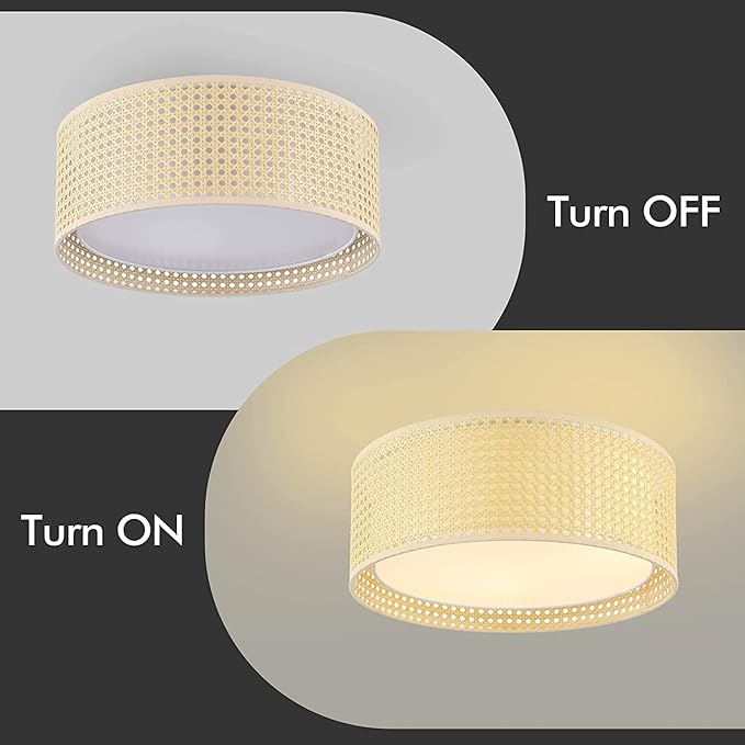 WINGBO 20" Modern 5-Light Flush Mount Ceiling Light Fixture with Rattan & Fabric Double Drum Shade for Bedroom Living Room Dining Room Hallway Entryway, Khaki