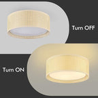 WINGBO 15.7" Modern 3-Light Flush Mount Ceiling Light Fixture with Rattan & Fabric Double Drum Shade for Bedroom Living Room Dining Room Hallway Entryway, Khaki