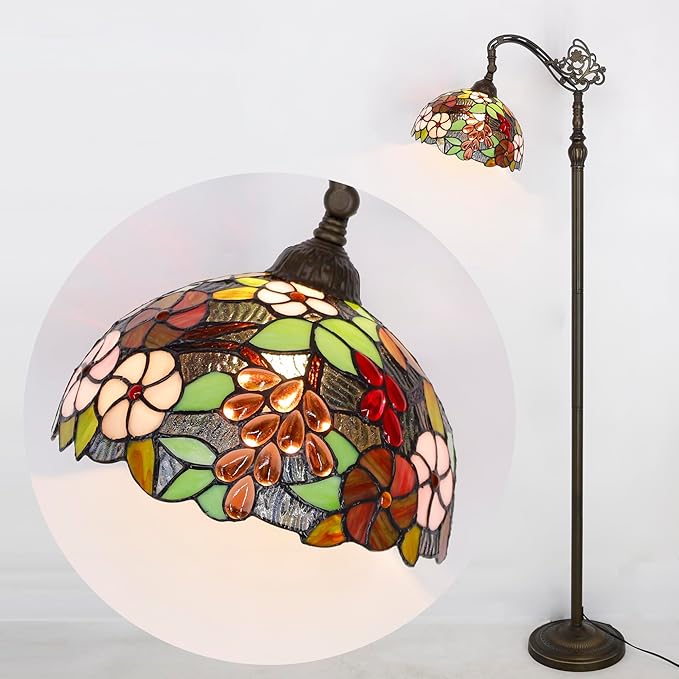 Tiffany Floor Lamp Stained Glass Purple Grape Style Arched Reading Light Gooseneck Adjustable Corner Standing Lamp 12X16X66 Inch for Bedroom Living Room Home Office