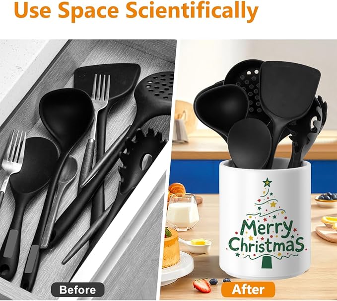 Christmas Utensil Holder Ceramic Cooking Utensil Holder for Kitchen Counter, Large Spatula Holder Glossy White Christmas Gift Kitchen Decor （6.5”H x 5.5”D）