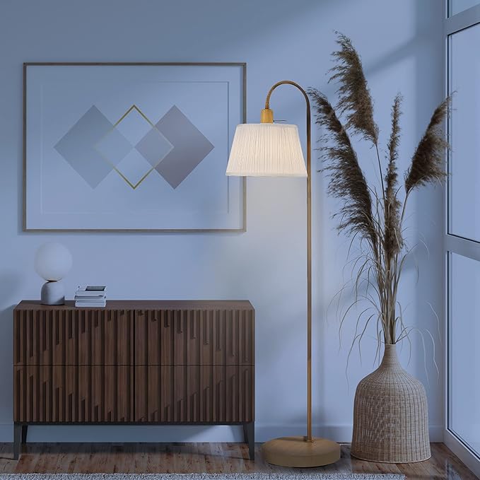 Globe Electric 65907 52" Floor Lamp, Light Faux Wood, White Pattern Shade, On/Off Rotary Switch on Socket