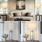 27" Tall Vintage Table Lamp Set of 2 with USB C+A & Outlet,Gray Nightstand Lamp for Living Room,Retro Bedside Lamps with Frosted Glass Night Light for Bedroom Entryway,Grey