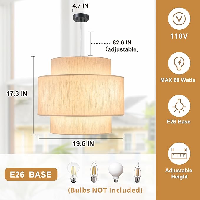 Pendant Lights with Beige Linen Drum Shade Chandelier Hanging Light Fixture 19.7" Pendant Lights Kitchen Island, Large Drum Pendant Light Fixtures 3-Tier Kitchen Chandelier for Entryway Living Room