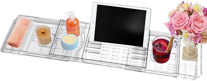 Expandable Bathtub Tray for Tub, Clear & Easy Maintenance Acrylic Material, Bath Organizer for Relaxing Spa, Fits Most Bathtubs and Bathroom Décor Style, Bath Tub Caddy Tray for Women