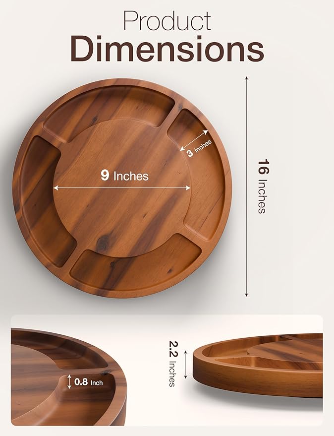 16” Rotating Charcuterie Board for Cheese and Meat - Lazy Susan Charcuterie Boards Round with Compartments - 360° Rotating Plates for Serving Food, Lazy Susan Cheese Board (Acacia Wood)