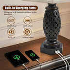 Table Lamps Set of 2-23.5" Vintage Bedside Lamp with USB A+C and Nightlight - Black Carved Resin Retro Desk Lamp for Bedrooms, End Tables, Living Room, Bulbs Included