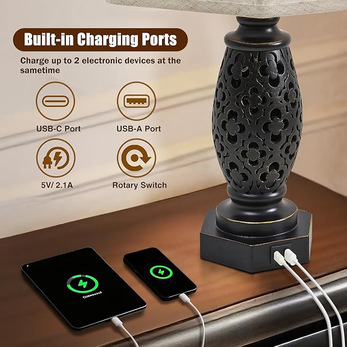 Table Lamps Set of 2-23.5" Vintage Bedside Lamp with USB A+C and Nightlight - Black Carved Resin Retro Desk Lamp for Bedrooms, End Tables, Living Room, Bulbs Included