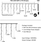 82ft 792 LED 176 Drops Christmas Lights, Outdoor Hanging lights with 8 Modes and Timer Memory, Plug In Outside Waterproof Curtain String Lights for House Fence Tree Holiday Party Decorations (Blue)