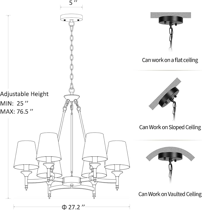 Black Chandeliers for Dining Room Light Fixtures Over Table, 6-Light Modern Farmhouse Round Chandelier with Linen Shades, Vintage Hanging Pendant Lighting for Kitchen Bedroom Living Room