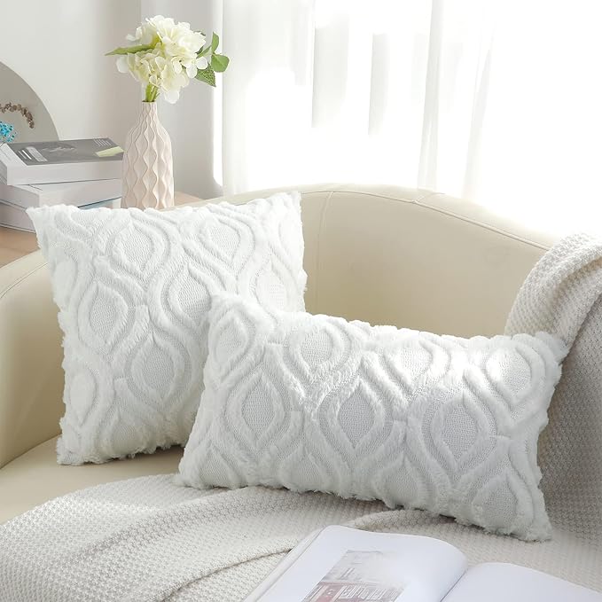 decorUhome Fall Throw Pillow Covers 24x24 Inch Set of 2, Soft Plush Decorative Faux Fur White Solid Couch Pillow Covers, Accent Farmhouse Neutral Square Euro Pillow Cases for Sofa Bed Living Room