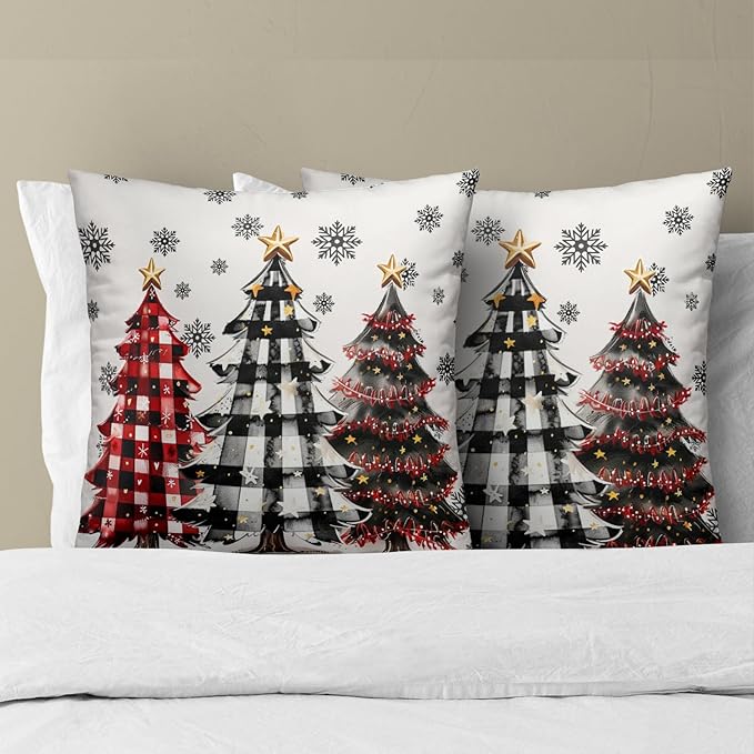 Christmas Tree Throw Pillow Covers 20x20 Set of 2, Red Black Buffalo Plaid Snowflakes Winter Holiday Farmhouse Pillowcases Cushion Cover for Couch Sofa Chair Living Room Bedroom
