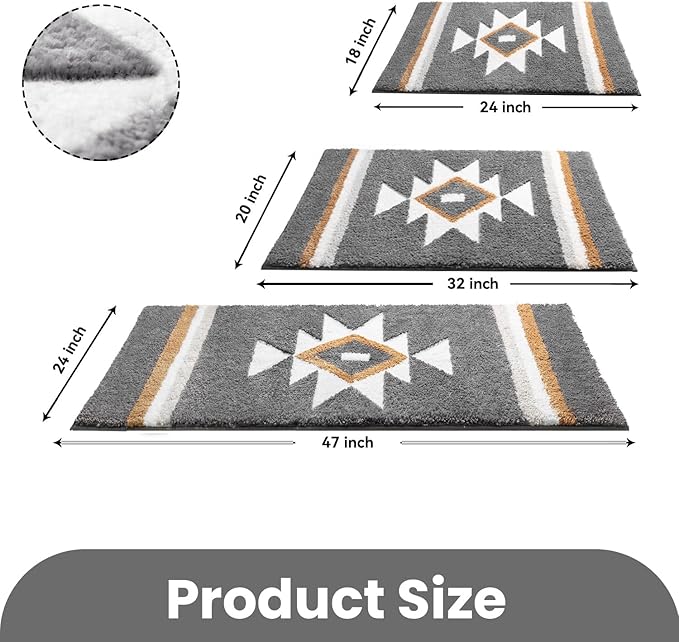 Grey Bathroom Rugs Boho Bath Mat Non Slip, Soft Absorbent Bath Rug Washable Floor Mat for Bathroom Shower Tub Modern Decor, 20x32